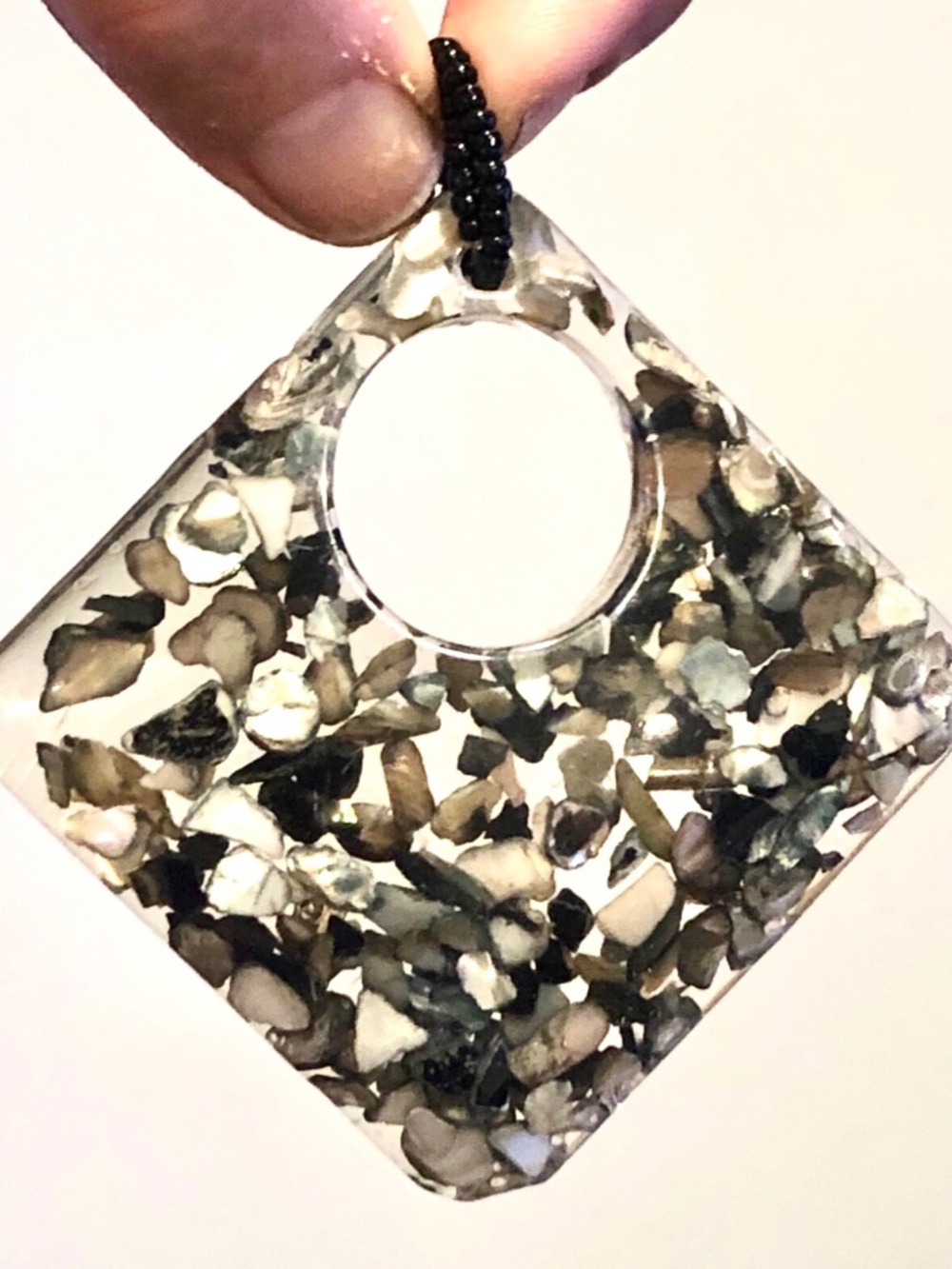 VTG 90s Large Abalone Shell Flake Clear Epoxy Resin Keyhole Square Pendant 3.25"